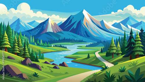 Vibrant cartoon landscape of Serene mountain valley with snow-capped peaks and crystal-clear river Vector