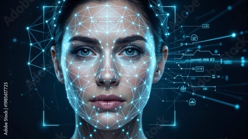 Highly detailed female face is overlaid with a glowing digital wireframe mesh.