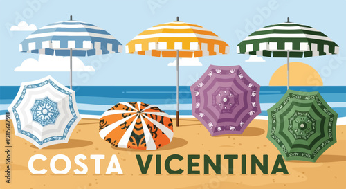Costa Vicentina Portugal Travel Illustration with Colorful Beach Umbrellas and Sunset Scene