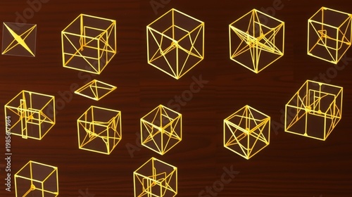 Golden geometric shapes, cubes, octahedrons, lines. Complex structures, abstract designs, dark background, visual patterns, symmetry present.