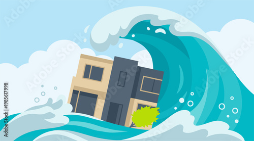 Modern house caught in a huge tsunami wave, natural disaster concept