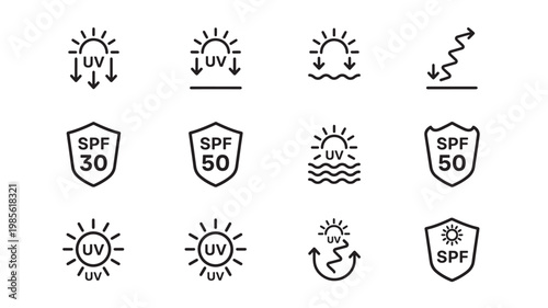 UV protection icons set with SPF 30 and SPF 50 shields, arrows, and UV radiation rays for skincare and sun safety