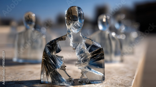 Glass figure broken glass cracked sculpture transparent statue abstract human emotional art fragile symbol shattered torso outdoor display modern artwork Glass figure broken glass cracked