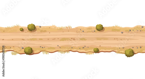 Top-down view of a seamless desert dirt road with green bushes vector