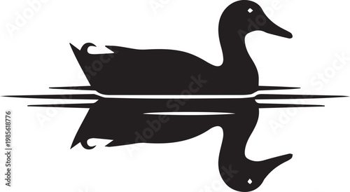 A black duck swims peacefully on calm water with a serene background