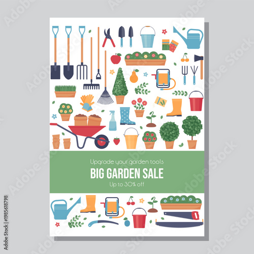 Garden poster template. Flyer with garden tools and copy space. Banner with gardening instruments. Sale background. Vertical horticulture card layout. Vector illustration. Colorful flat design