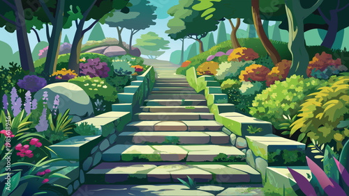 Vibrant cartoon landscape of Whimsical garden path leading to an enchanting hidden retreat amidst lush greenery Vector