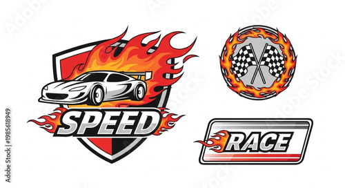 Speed and Race Car Emblem with Flames and Checkered Flags.