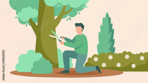 Man kneeling and pruning a tree with shears in a vibrant garden