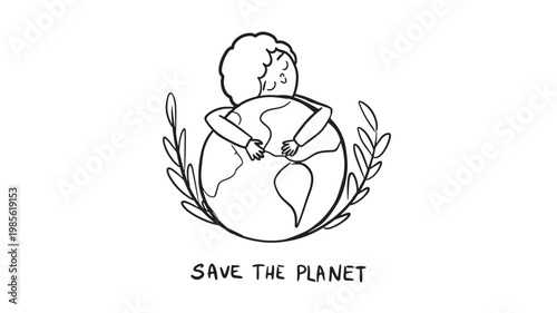 Earth planet icon with person hugging globe and plants, save the planet eco awareness illustration featuring ecology, environment, conservation with