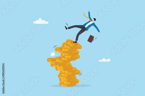 Market volatility financial risk, uncertainty or money loss in crisis, stock market falling down or collapse recession or market crash, businessman investor falling down from unstable coins stack.
