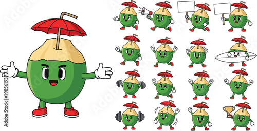 Cute Coconut Cartoon Character Set Featuring Funny Tropical Fruit Mascot with Different Actions Emotions and Activities for Kids Illustration and Branding Design