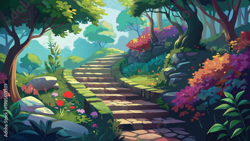 Vibrant cartoon landscape of Whimsical enchanted forest path leading to a hidden garden of vibrant blooms Vector