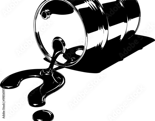 Oil barrel spilling black liquid forming a question mark shape. Design for environmental awareness posters, energy crisis articles, or economic blogs. Vector illustration. Transparent EPS version.