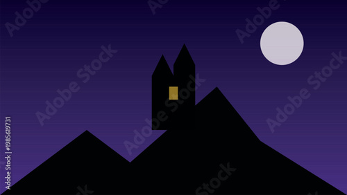 Halloween Gothic Background with Dark Castle Silhouette, Glowing Full Moon and Mysterious Night Sky Vector