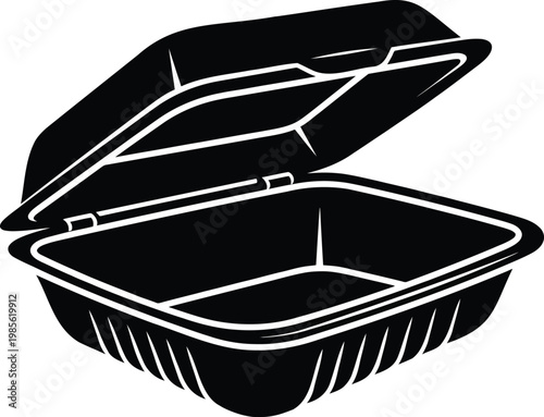 Open black food container with ribbed sides for take away meal packaging box isolated on transparent background.