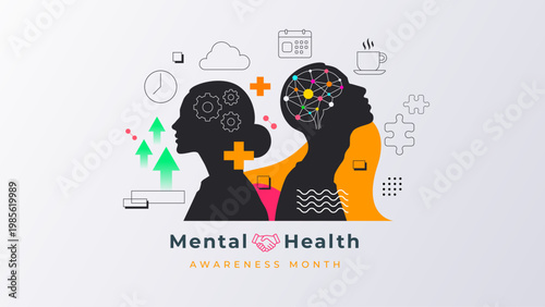 Mental health awareness month banner for workplace wellness. Features human silhouettes with gears and brain icons, representing office stress management, professional support, and emotional balance