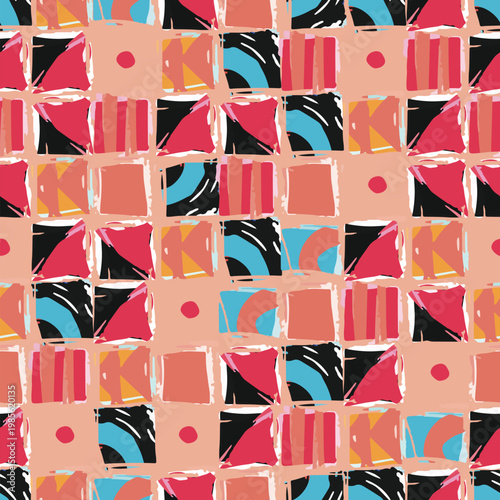 Abstract seamless pattern of hand drawn geometric squares and circles, presenting a modern quilt style with mixed media textures and vibrant colors for a dynamic and artistic background design