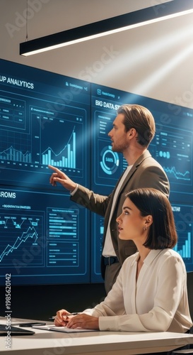 Data-driven business meeting modern office infographic display collaborative environment professional viewpoint