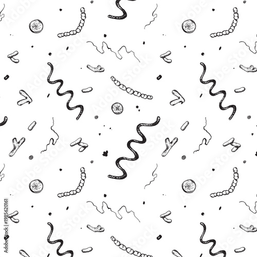 Microorganisms, bacteria and algae seamless pattern in engraving style for textile and background