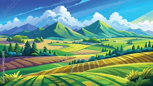 Vibrant cartoon landscape of Serene landscape with rolling hills and mountain peaks beneath a bright sky Vector