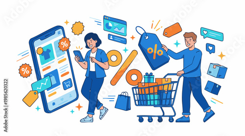 People shopping online with smartphone and shopping cart