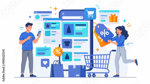 People shopping online with discounts on a mobile device and cart