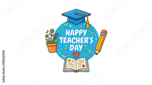 Happy Teachers’ Day celebration blue circle with graduation cap book heart pencil tribute vector illustration design