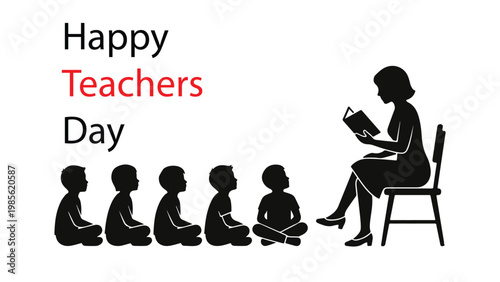 Happy Teachers’ Day silhouette teacher reading book to children classroom tribute vector illustration design