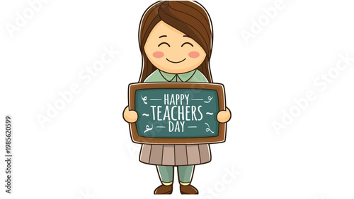 Happy Teachers’ Day cartoon teacher holding chalkboard sign tribute vector illustration design