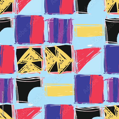 Abstract geometric pattern showing a vibrant mosaic of colorful squares, rectangles, and shapes with rough, hand drawn brush strokes and lines against a light blue background