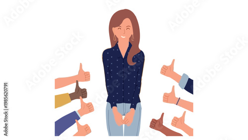   
Person surrounded by multiple hands giving thumbs up approval support recognition encouragement vector illustration design