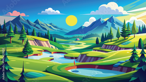 Vibrant cartoon landscape of Serene sunset over a peaceful mountain valley with a small bridge Vector