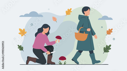 People foraging for mushrooms in an autumn forest, outdoor fall activity