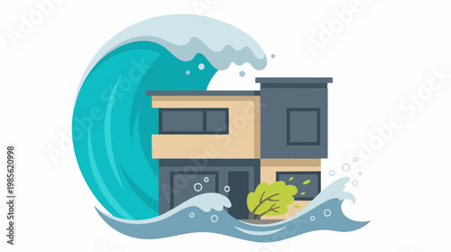 Illustration of a modern house struck by a large tsunami or flood wave