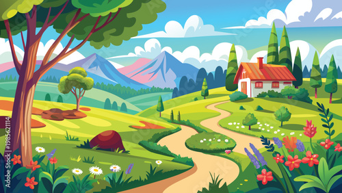 Vibrant cartoon landscape of A serene countryside scene with winding paths and quaint houses nestled in nature Vector