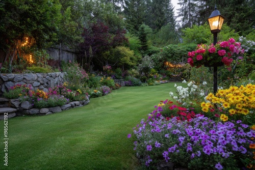 Lush, colorful garden scene with vibrant flowers, green lawn, & lamppost in evening