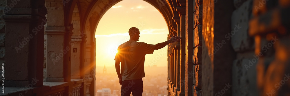 Fototapeta premium Man standing in archway during sunset with warm sunlight illuminating cityscape. Sunset view creates a serene atmosphere and highlights the figure in silhouette.