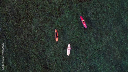 Surfers waiting on surfboards in clear ocean water. Magic aerial view drone