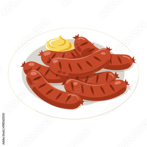 grilled beef steak slices with lemon wedge on white plate flat design vector illustration