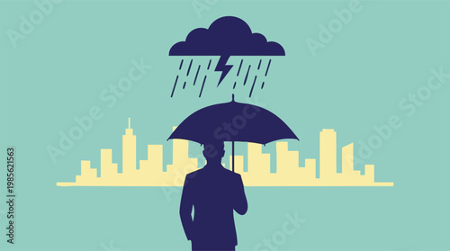 Man with umbrella under stormy cloud and rain in a city