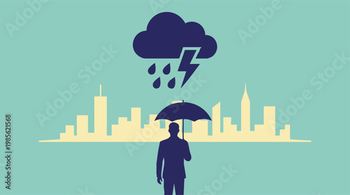 Man with umbrella protecting himself from storm over urban city skyline