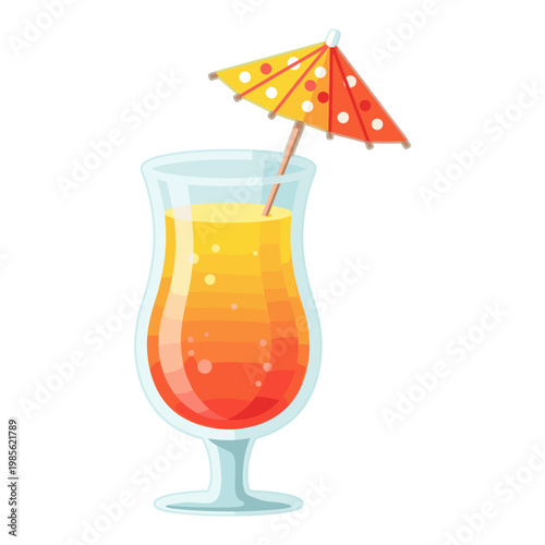 tropical cocktail with paper umbrella in tall glass vector illustration