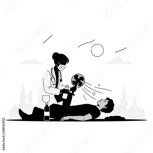 Black and white vector illustration, globe on a person, therapy concept, medical treatment
