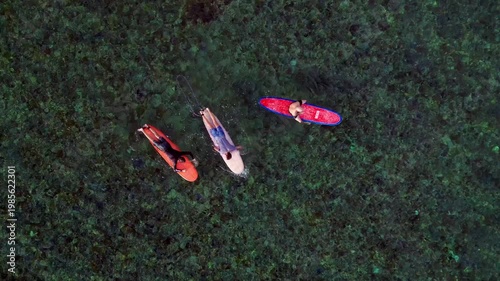Surfers waiting on surfboards in clear ocean water. Lovely aerial view drone