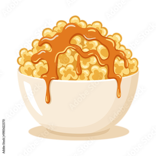 bowl of crispy caramel popcorn drizzled with golden syrup vector illustration
