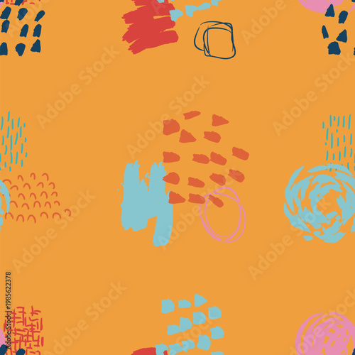 Vivid abstract seamless pattern displaying a playful arrangement of hand drawn brushstrokes, scribbles, and irregular shapes, creating a bright expressive artistic background