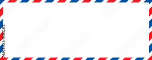 Airmail envelope frame with blue and red stripes on white background. International vintage letter border. Retro air mail postcard. Blank envelope.