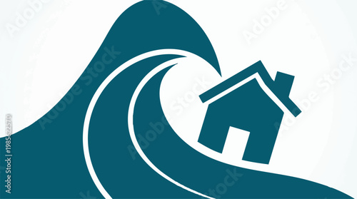 House caught in a huge wave, symbolizing flood, tsunami, or natural disaster.