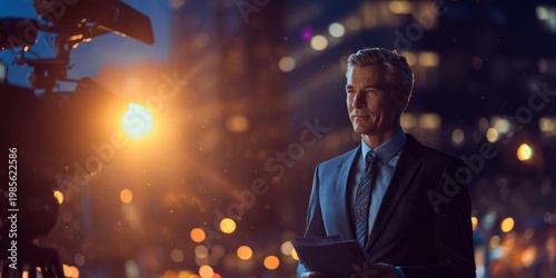 Male news anchor reporting live at night with camera